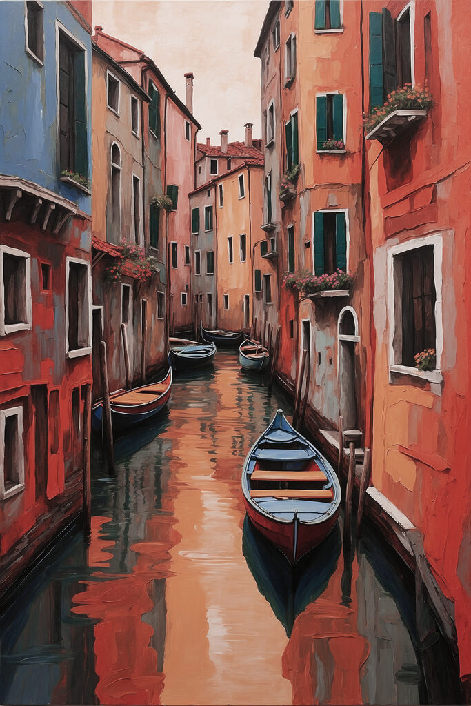 A rowboat in a canal between buildings