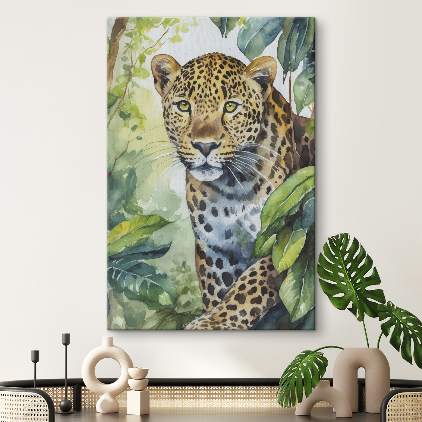 A watercolor painting of a leopard