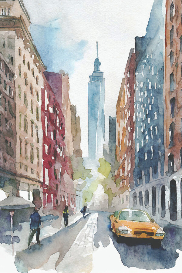 Watercolor of a street with buildings and a tall tower in the background Watercolor of a street with buildings and a tall tower in the background