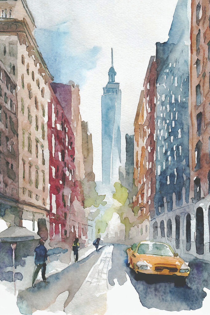 Watercolor of a street with buildings and a tall tower in the background Watercolor of a street with buildings and a tall tower in the background