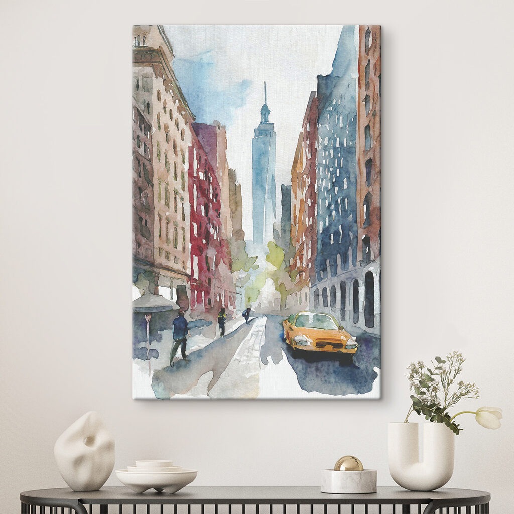 Watercolor of a street with buildings and a tall tower in the background Watercolor of a street with buildings and a tall tower in the background