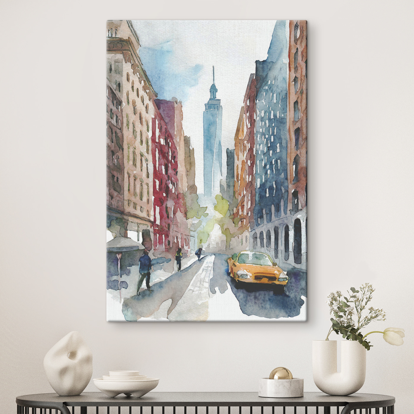 Watercolor of a street with buildings and a tall tower in the background Watercolor of a street with buildings and a tall tower in the background