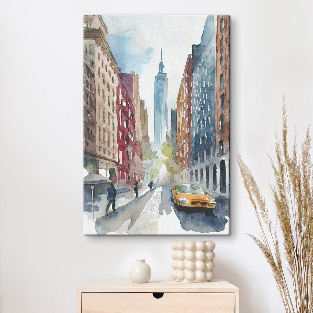 Watercolor of a street with buildings and a tall tower in the background Watercolor of a street with buildings and a tall tower in the background