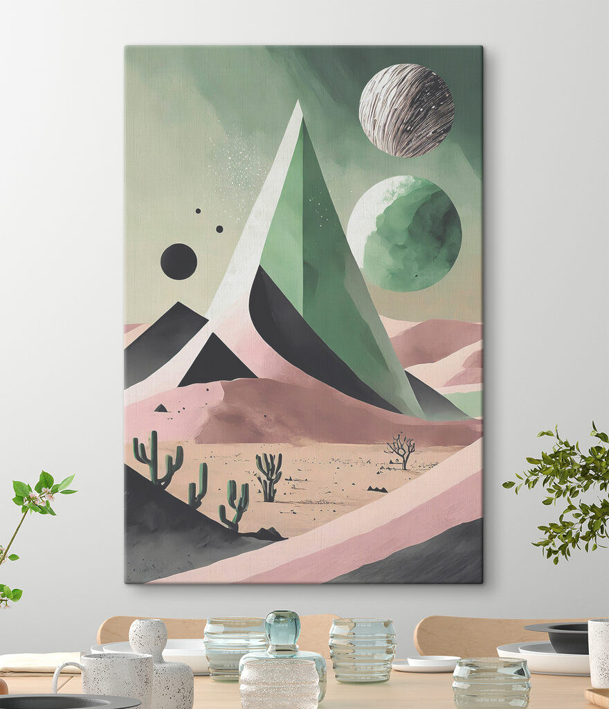 A desert landscape with cactuses and a pyramid