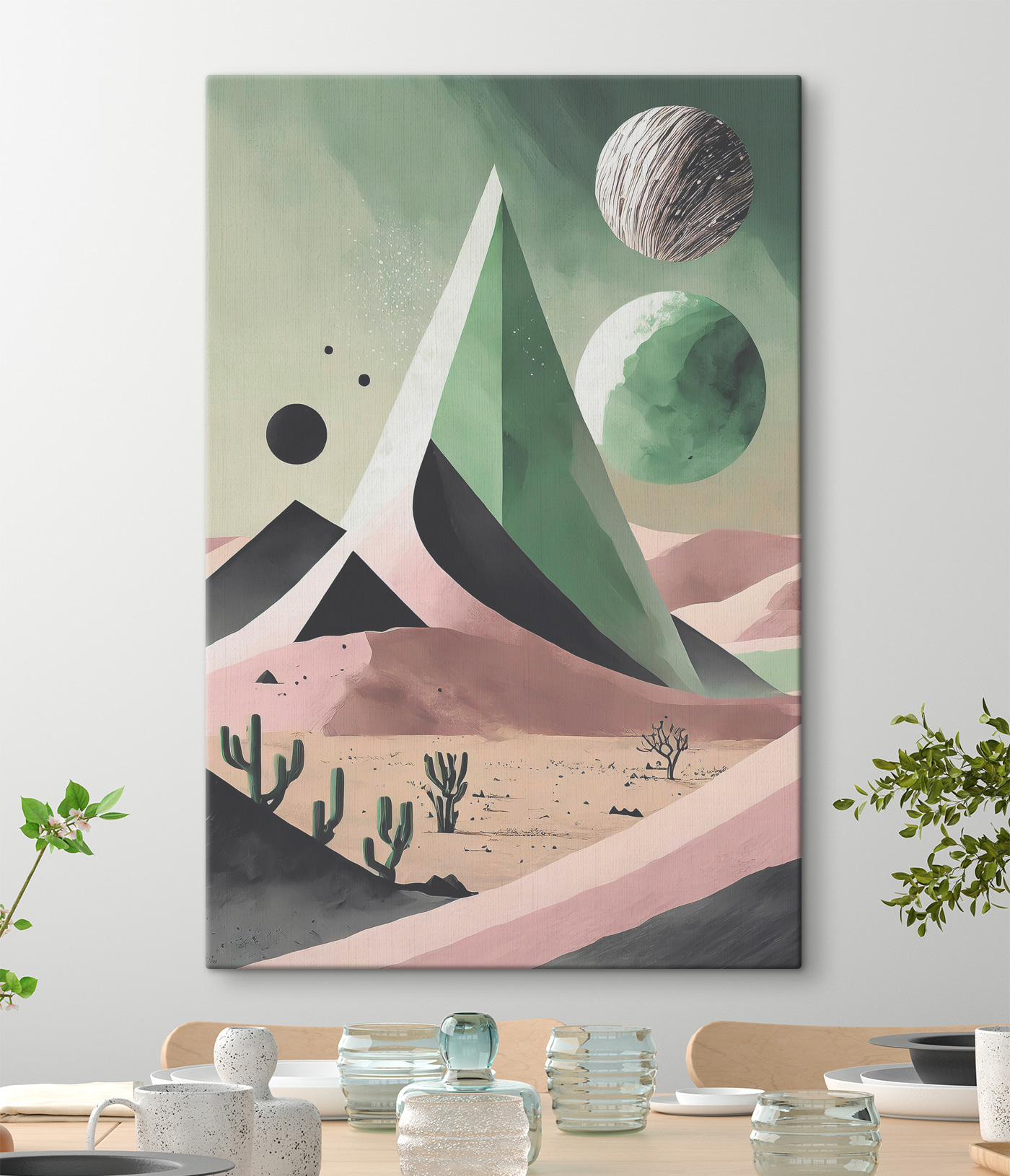A desert landscape with cactuses and a pyramid