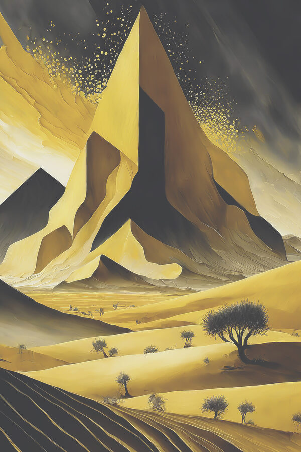 A mountain range with a tree in the background