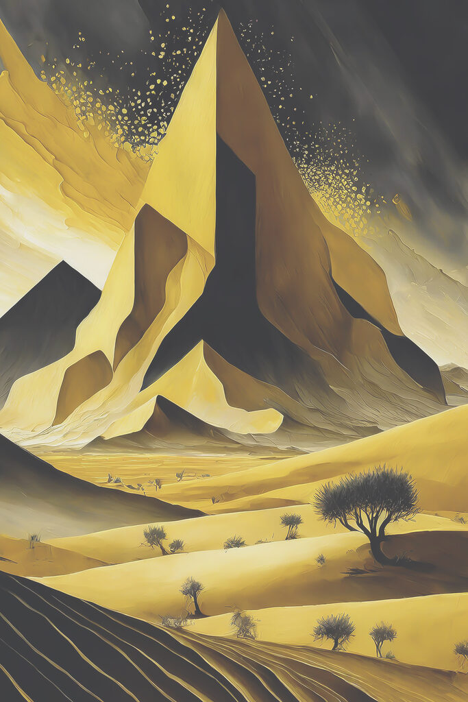A mountain range with a tree in the background