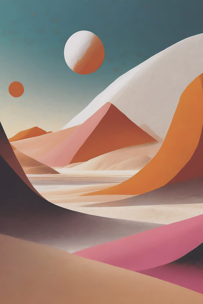 A desert landscape with sand hills and a body of water A desert landscape with sand hills and a body of water