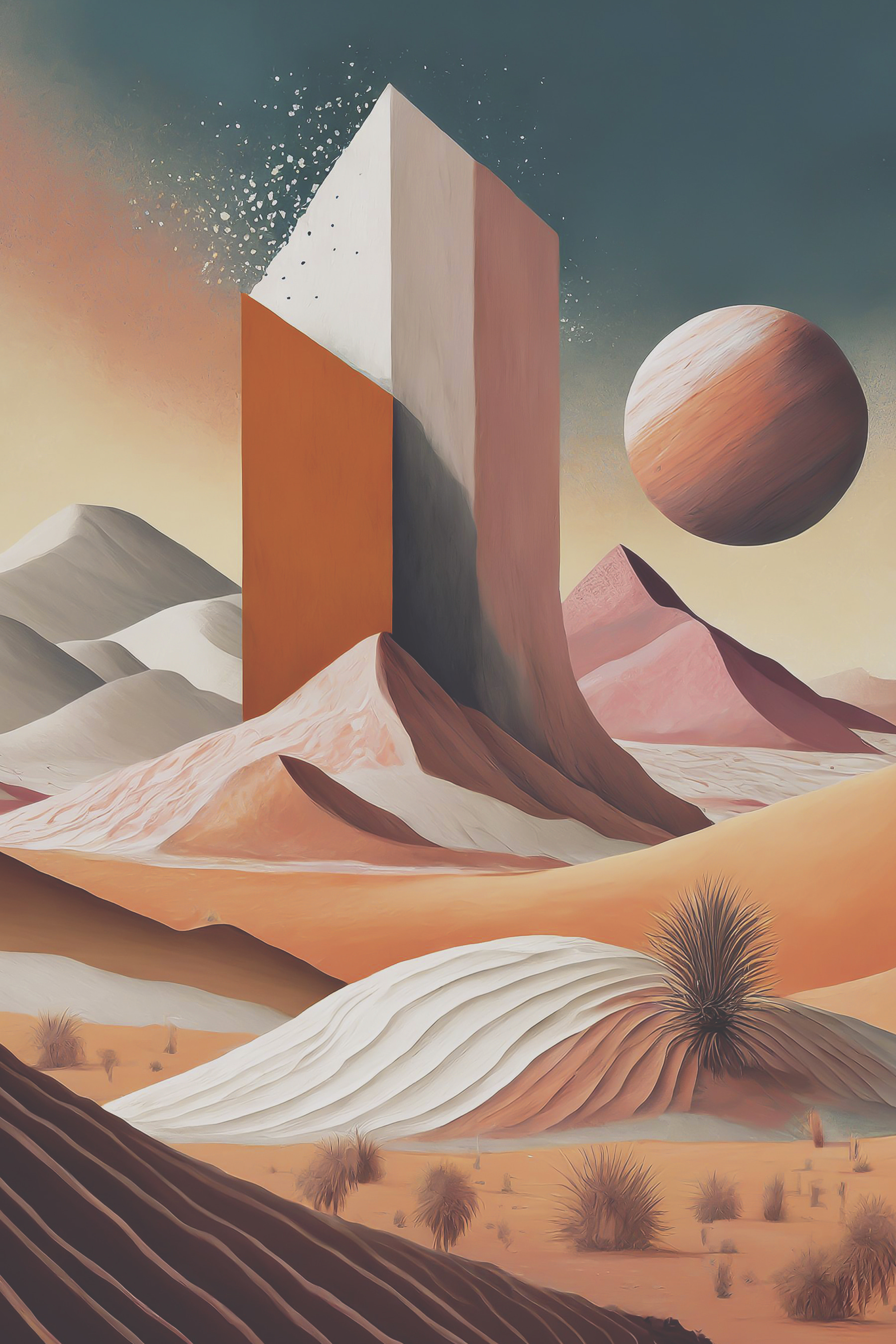 A desert landscape with a tall tower and a planet in the distance