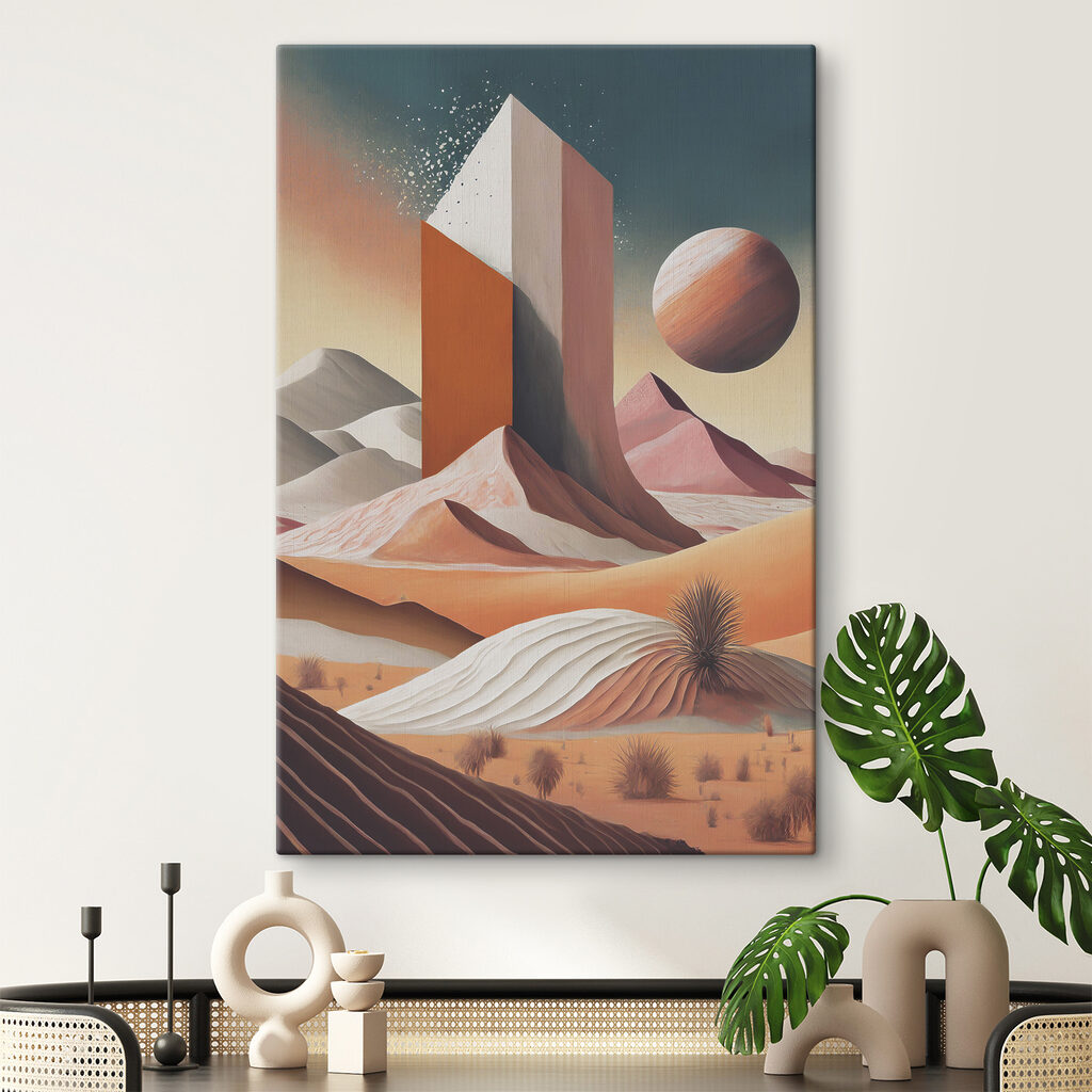 A desert landscape with a tall tower and a planet in the distance