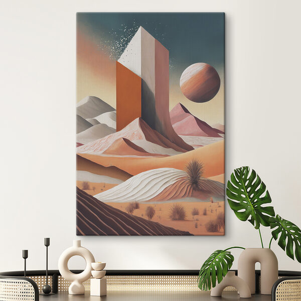 A desert landscape with a tall tower and a planet in the distance