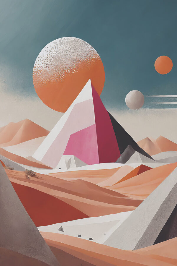 A painting of a desert landscape with a pyramid and sun A painting of a desert landscape with a pyramid and sun