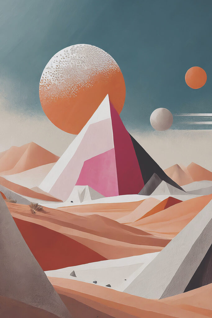 A painting of a desert landscape with a pyramid and sun A painting of a desert landscape with a pyramid and sun