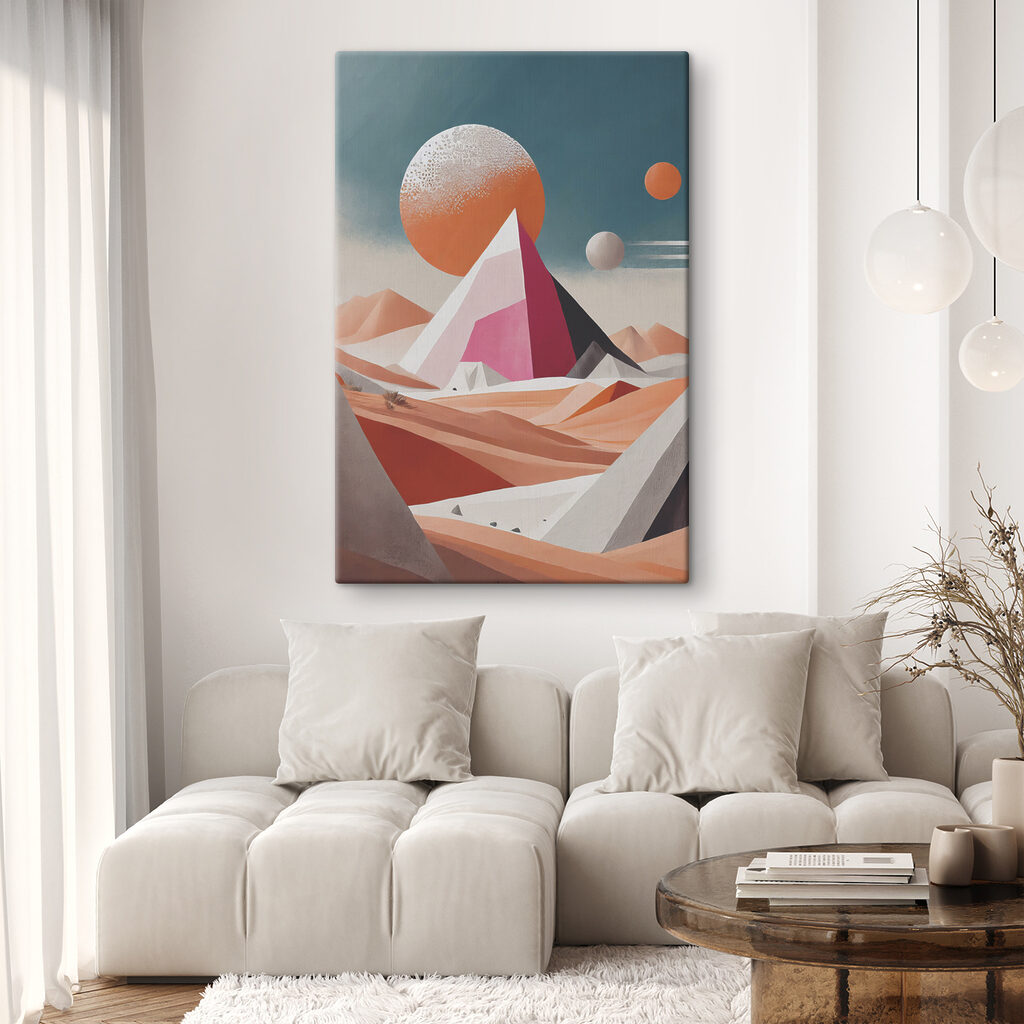 A painting of a desert landscape with a pyramid and sun A painting of a desert landscape with a pyramid and sun