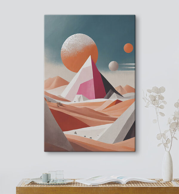 A painting of a desert landscape with a pyramid and sun A painting of a desert landscape with a pyramid and sun