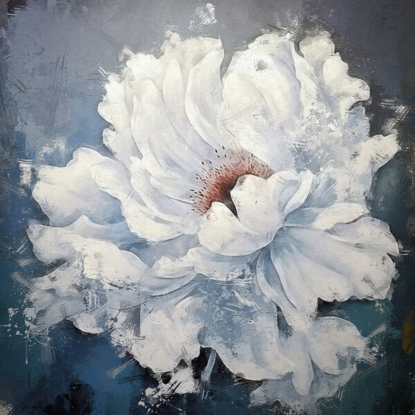A white flower with a red center