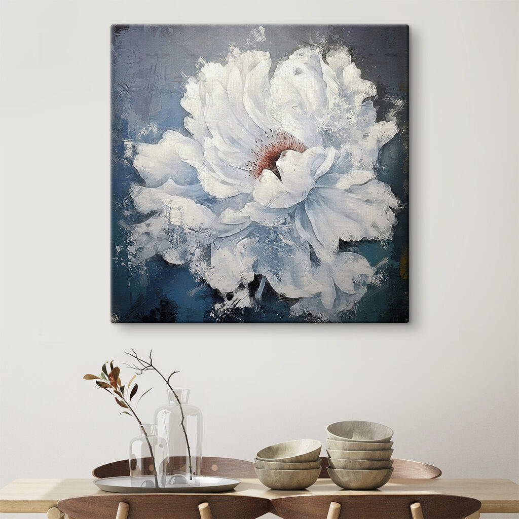 A white flower with a red center
