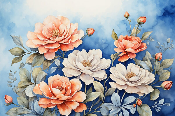 A painting of flowers on a blue background