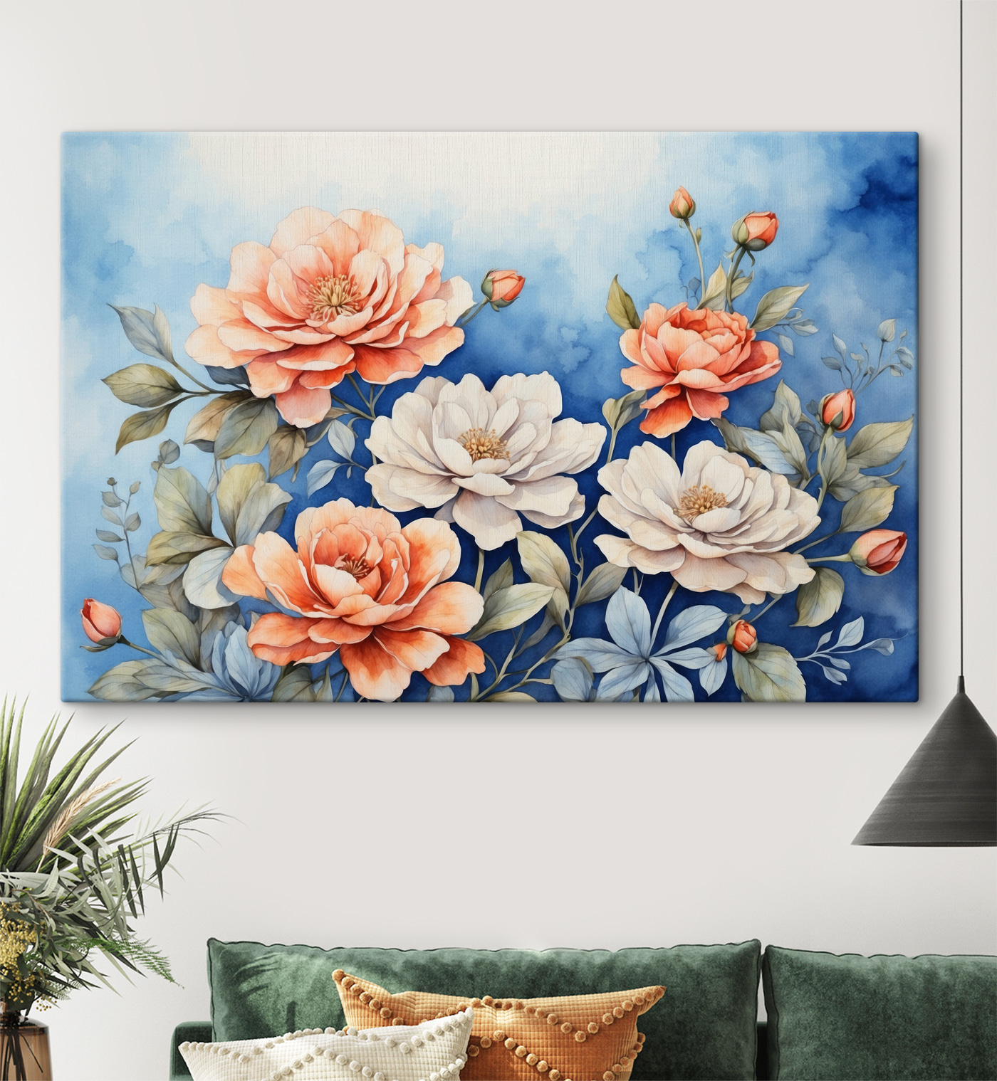A painting of flowers on a blue background