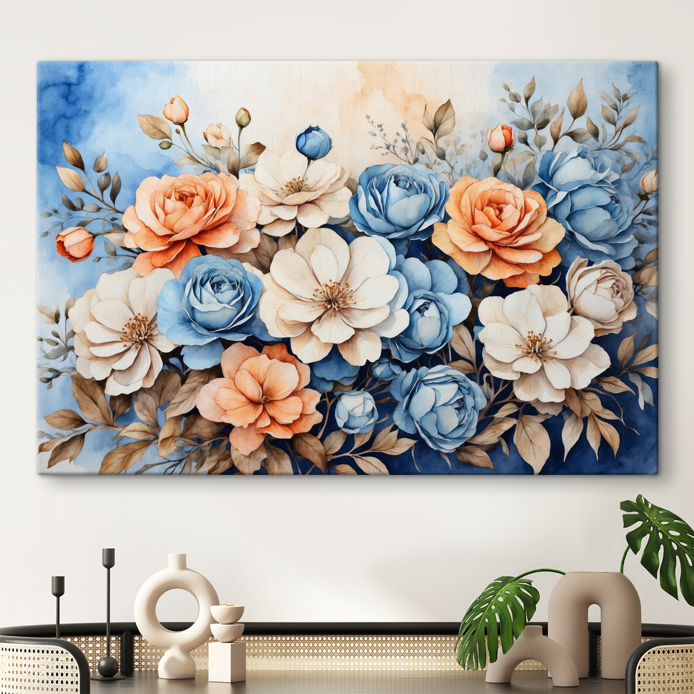 A painting of flowers on a blue background