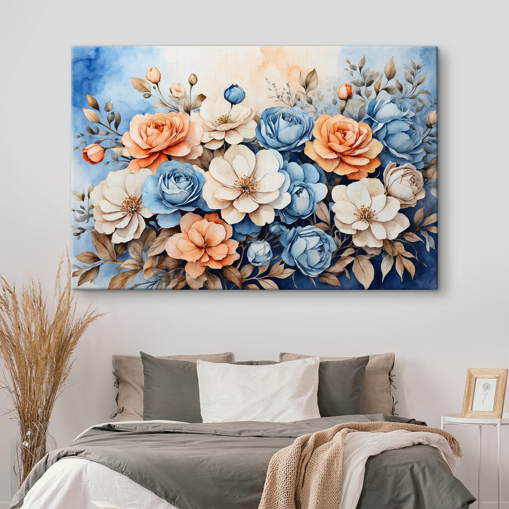 A painting of flowers on a blue background
