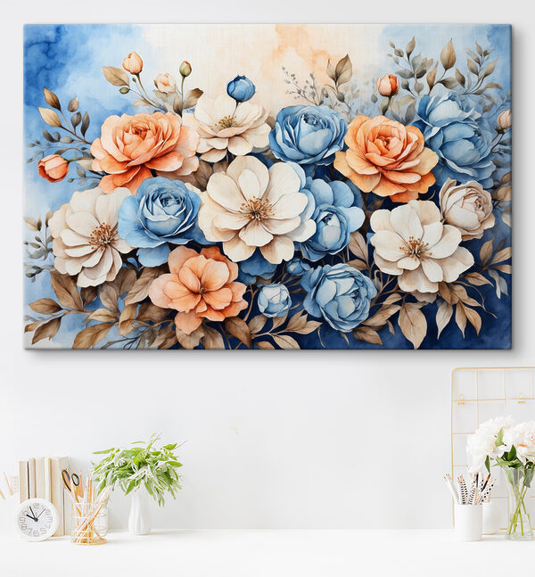 A painting of flowers on a blue background