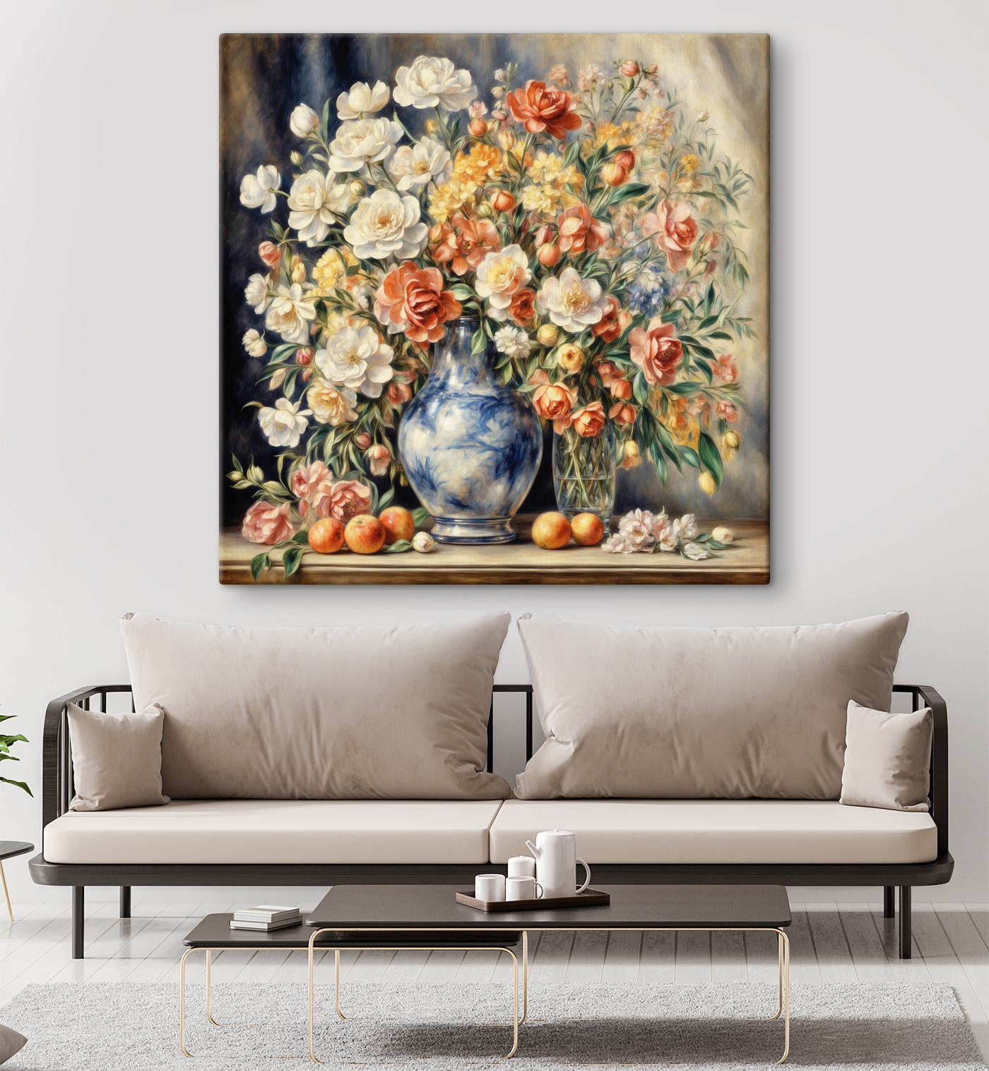 A painting of flowers in a vase and fruit