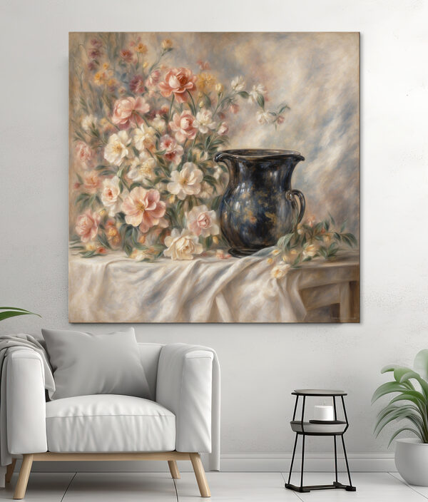 A painting of flowers and a vase A painting of flowers and a vase