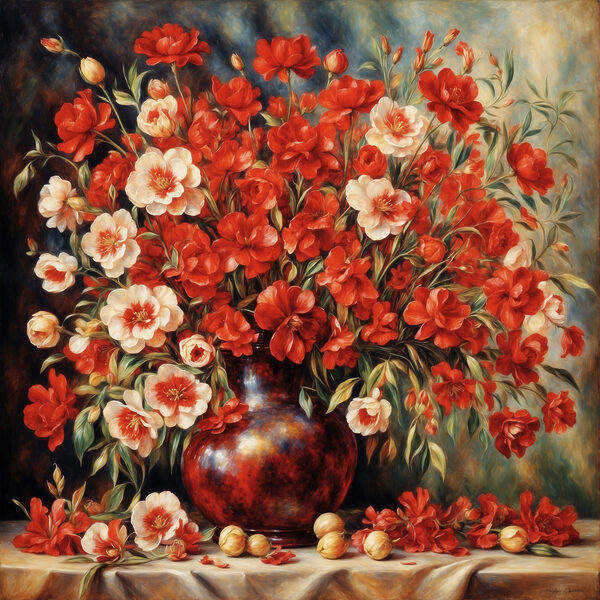 A painting of flowers in a vase