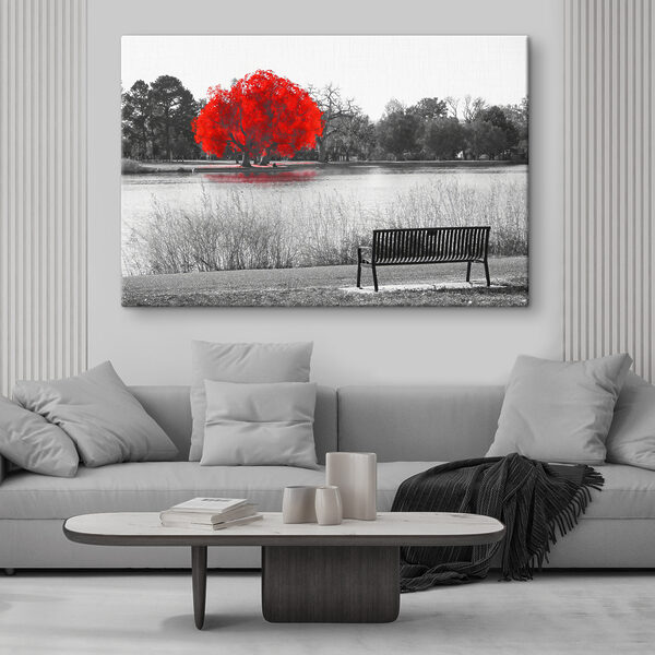 Quadri Quadri Una panchina in riva al lago con un albero rosso (COD: s37300)