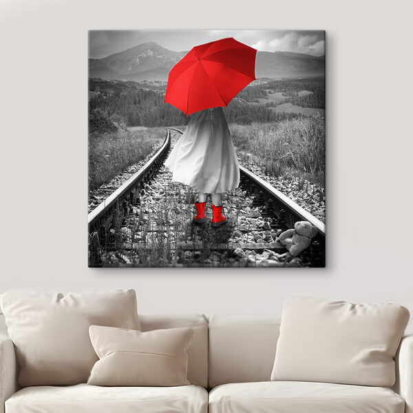 Quadri Quadri Una persona con un ombrello rosso sui binari del treno (COD: s37301)