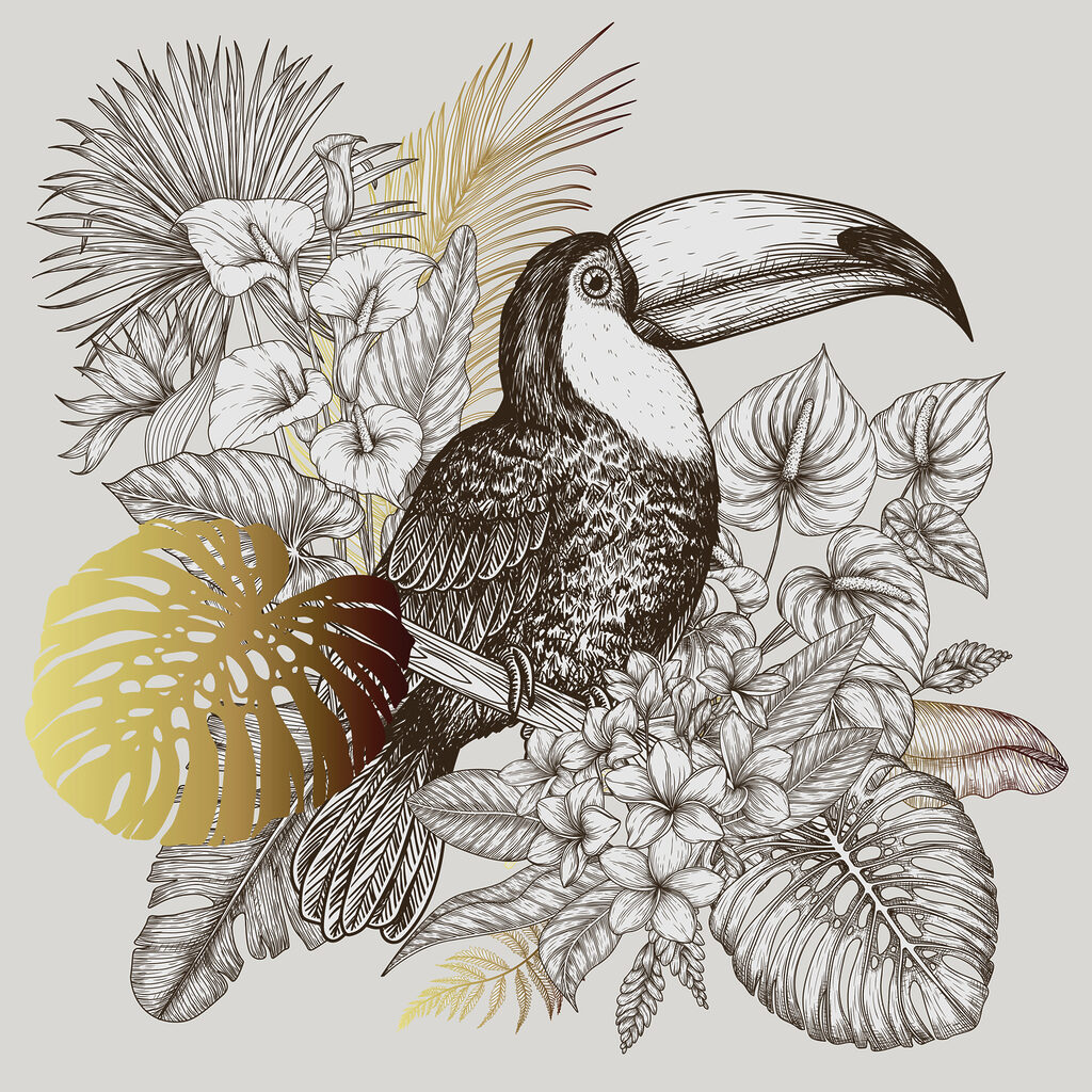 A toucan bird with leaves and flowers A toucan bird with leaves and flowers