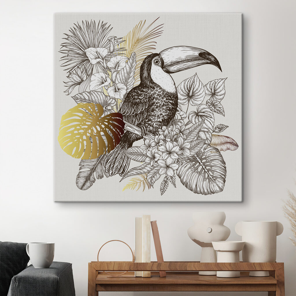 A toucan bird with leaves and flowers A toucan bird with leaves and flowers
