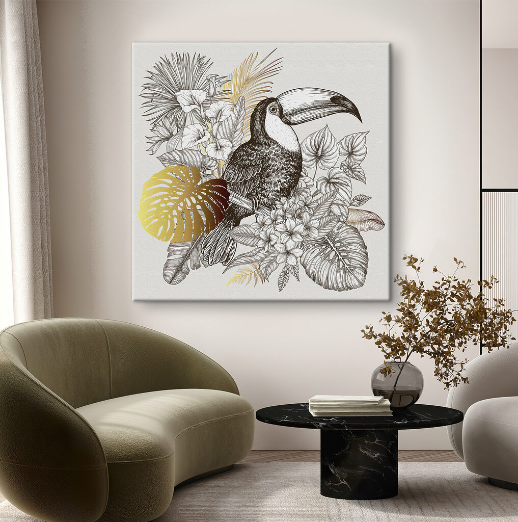 A toucan bird with leaves and flowers A toucan bird with leaves and flowers