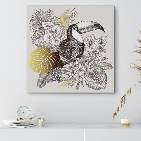 A toucan bird with leaves and flowers A toucan bird with leaves and flowers
