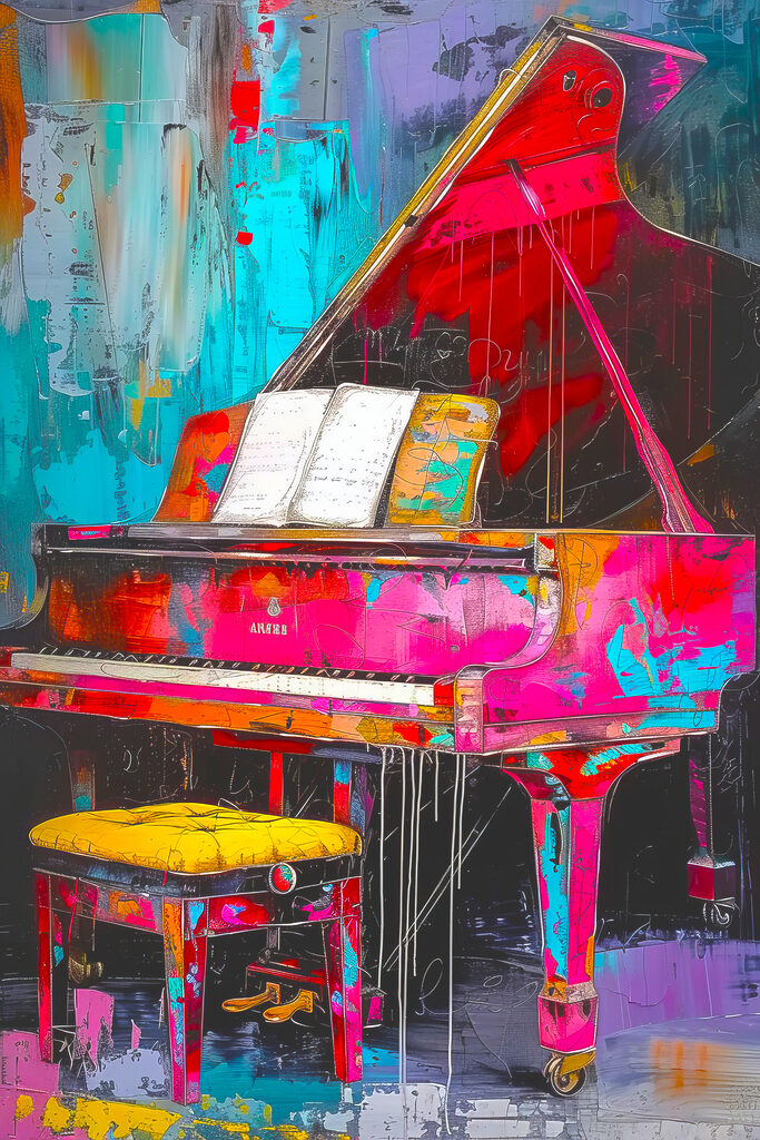 A pink piano with a stool A pink piano with a stool