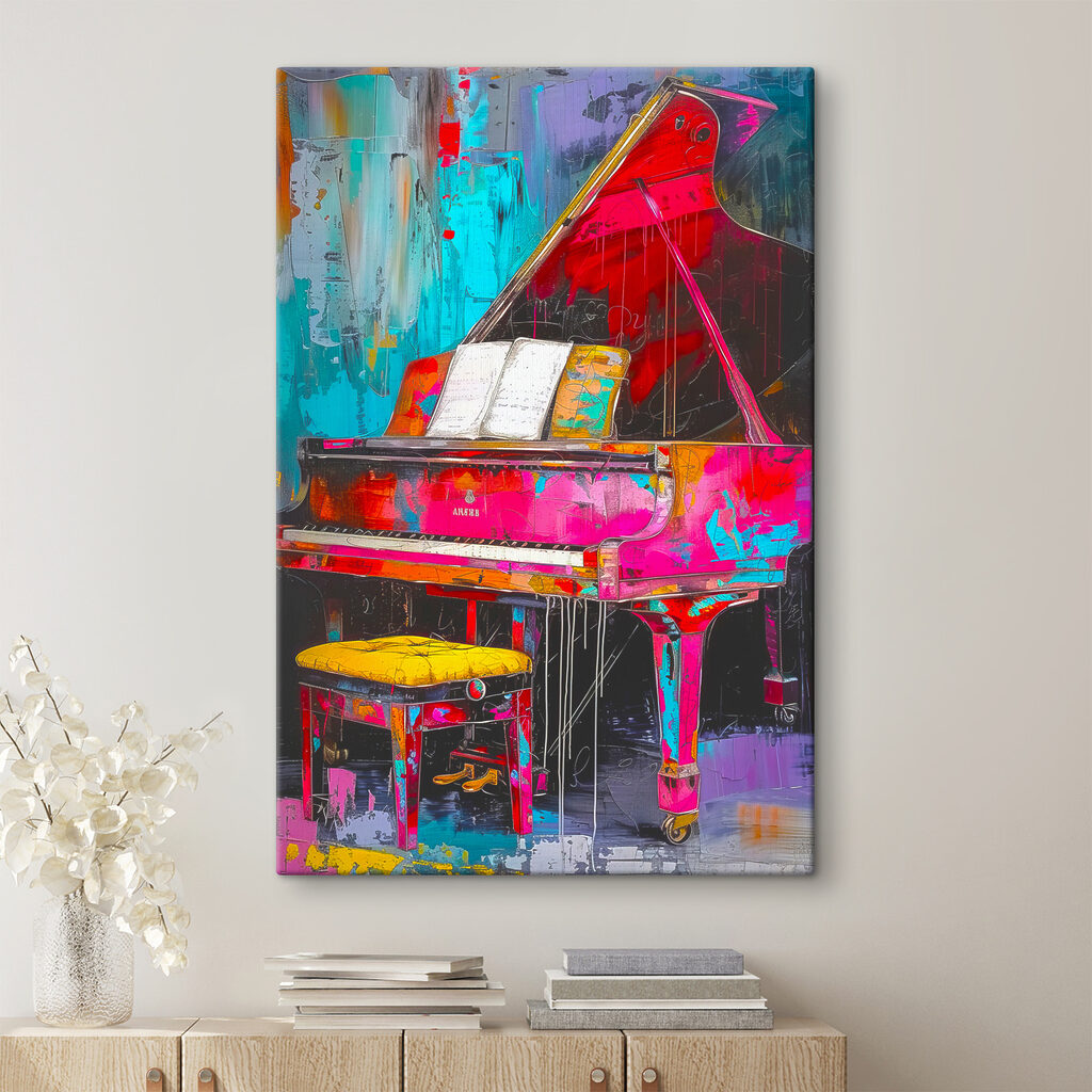 A pink piano with a stool A pink piano with a stool