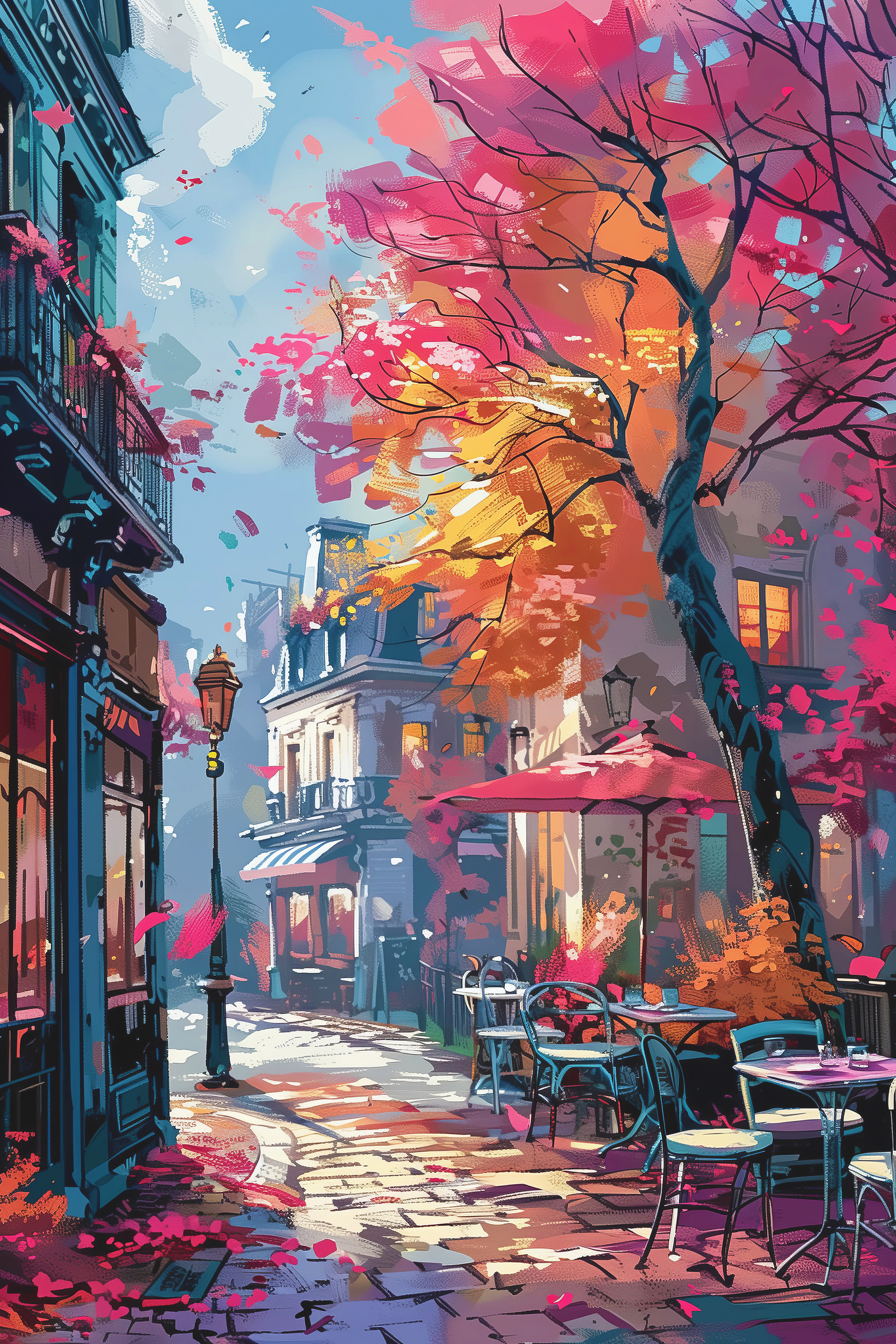 A street with tables and chairs and umbrellas A street with tables and chairs and umbrellas