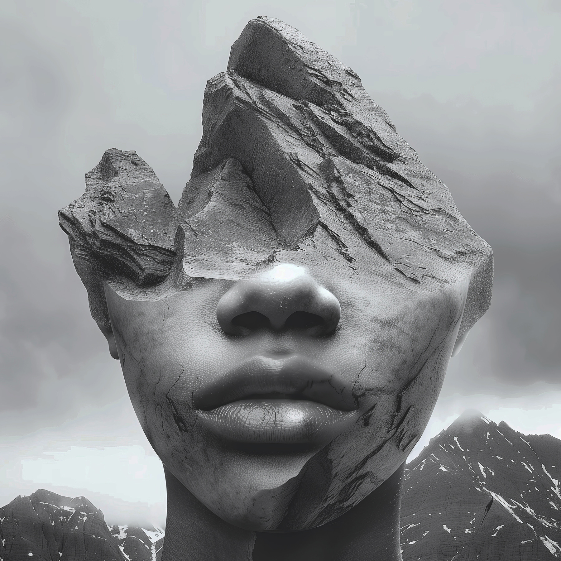 A face of a person with a rock face