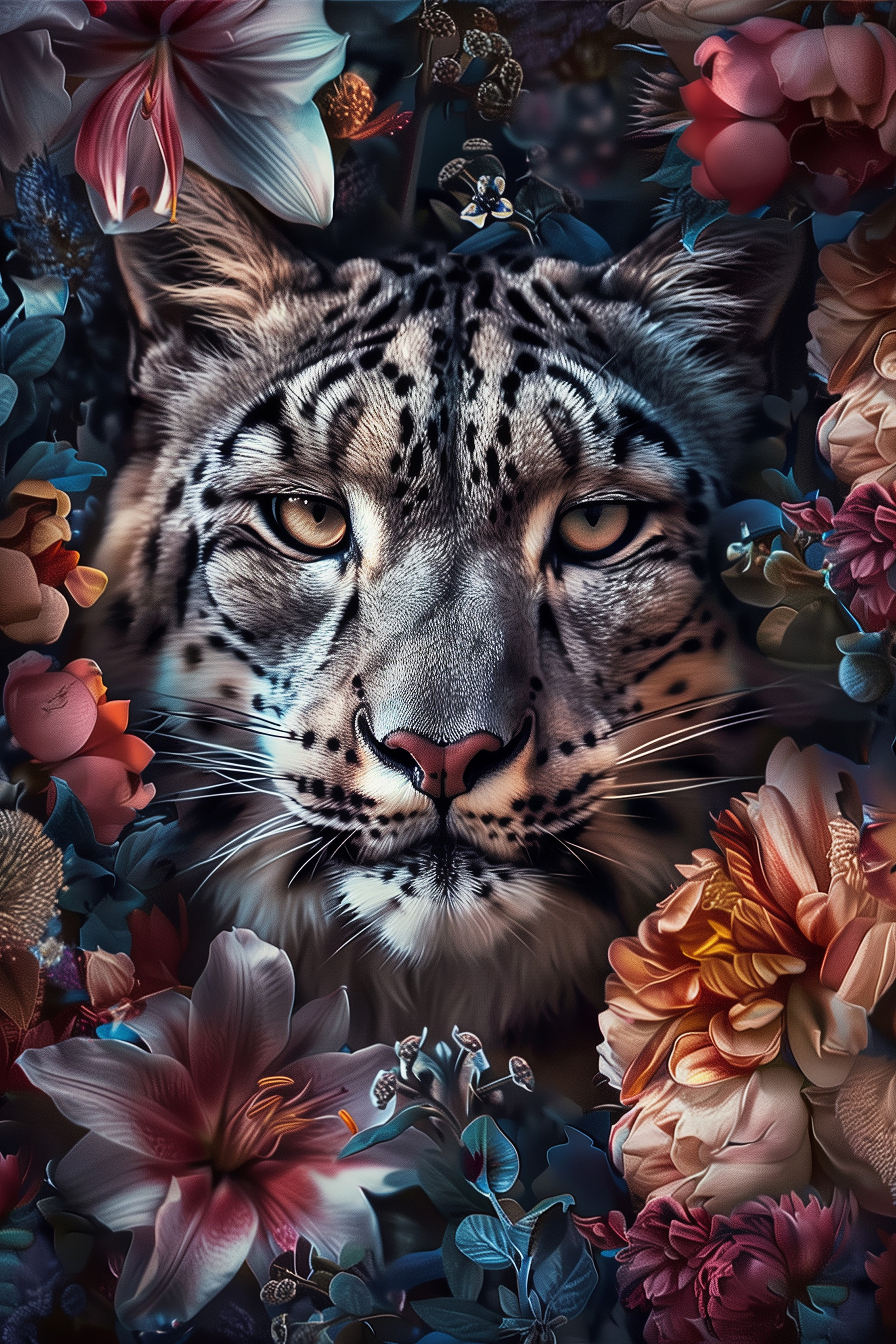 A leopard with flowers around it A leopard with flowers around it