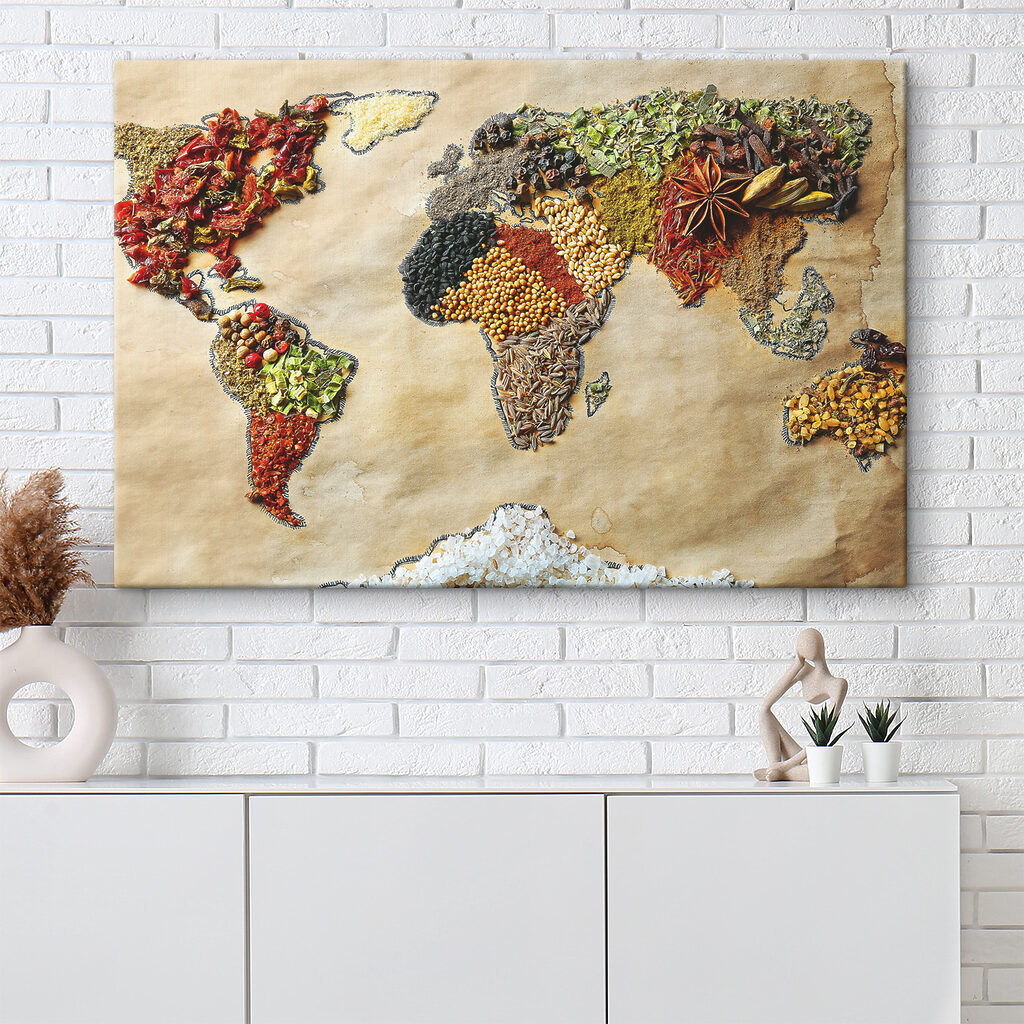 A map of the world made of different spices