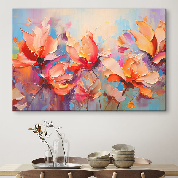 A painting of flowers on a blue background