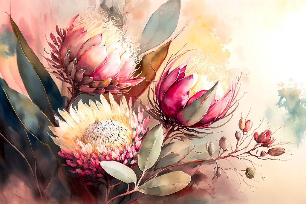 A painting of flowers and leaves