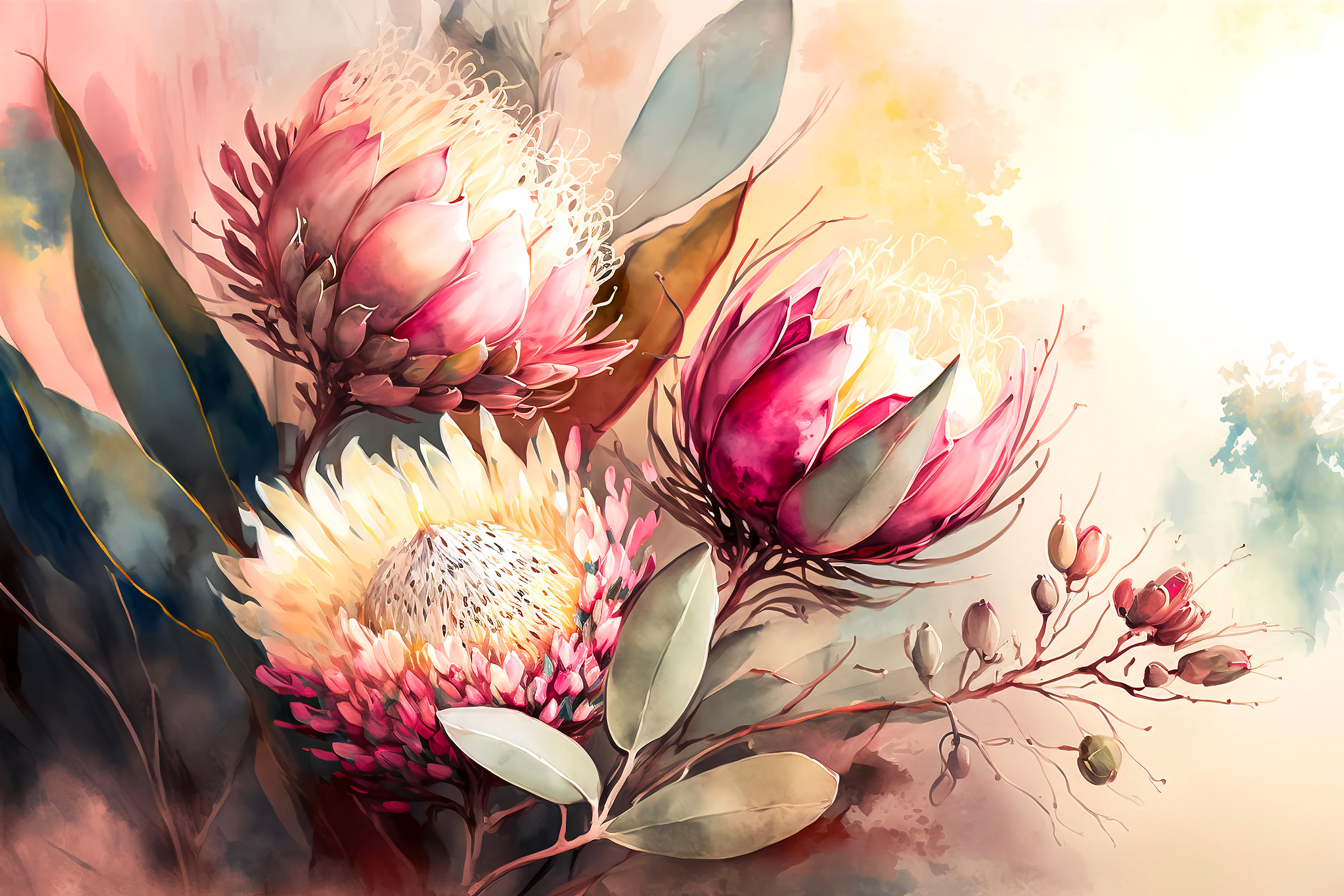 A painting of flowers and leaves