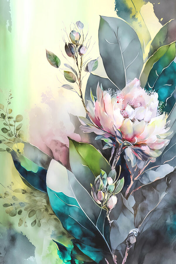 A painting of a flower and leaves