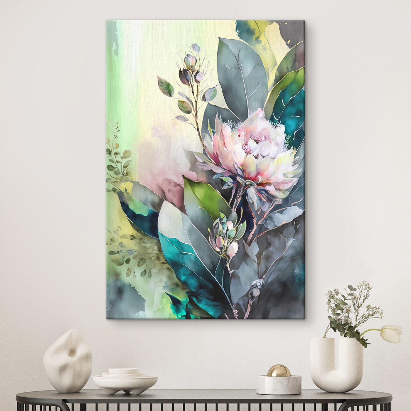 A painting of a flower and leaves