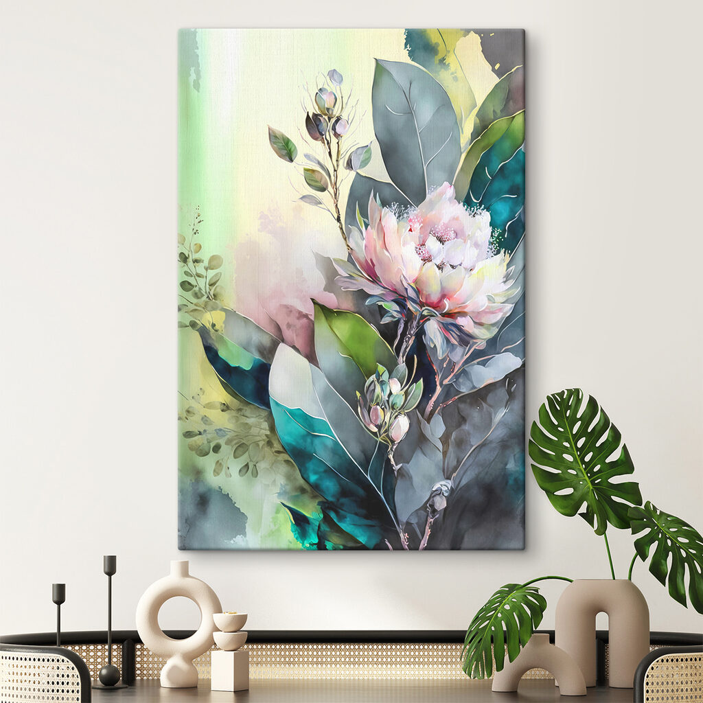 A painting of a flower and leaves