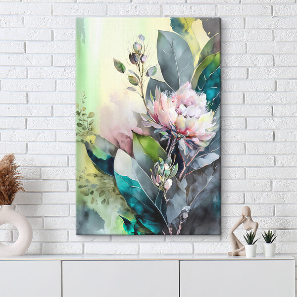 A painting of a flower and leaves