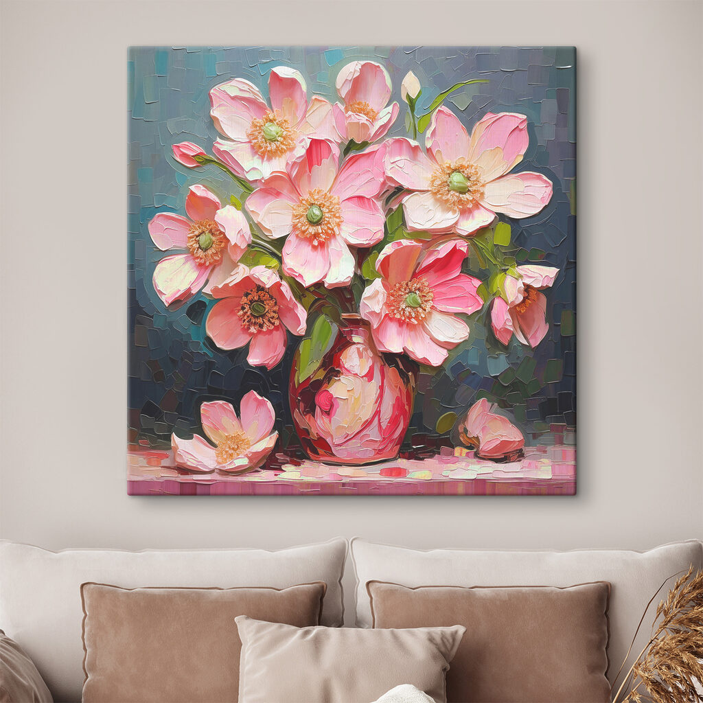 A painting of pink flowers in a vase