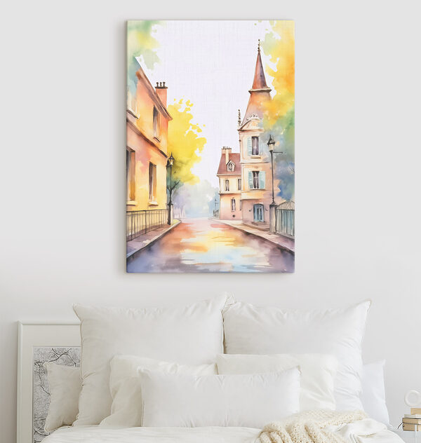 Watercolor painting of a street with buildings and trees